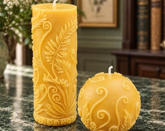 Fern Beeswax Candle Collection, Golden Ball And Tall Pillar Designs, Handmade In Pennsylvania USA, Coordinating Botanical Accents For Home