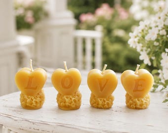 LOVE Letters Beeswax Tealight Candles, Romantic Valentine Anniversary Wedding Gift, Cute Handmade Floral-Heart Keepsake Decorations Set of 4
