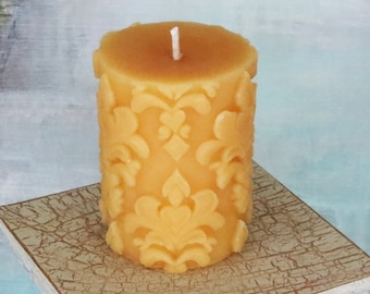 100% Beeswax Fleur De Lis Pillar Candle / Handmade USA / Pure All Natural Bees Wax / Honey Scent / French / New Orleans Saints fleur-de-lis