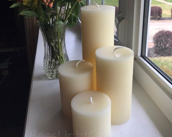 4" BEESWAX Pillar Candle Set / All NATURAL White Bees Wax / Lead Free / Pure Allergy Friendly / Four Inch Width / Wide Candles Unscented NEW