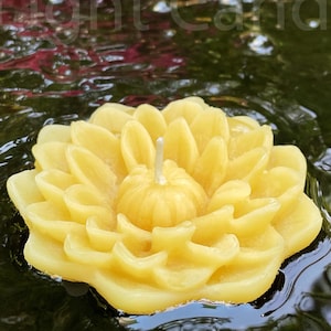 May include: A yellow beeswax candle shaped like a flower floating in a pond. The candle has a single wick and is surrounded by water.