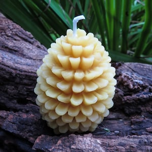 May include: A yellow beeswax candle shaped like a pine cone with a white wick.