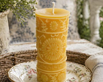 Luxury French Country Floral Pillar Candle Pure Beeswax Handmade Large Decorative Honeycomb Wax Centerpiece Elegant Gift Clean Burn Home Art