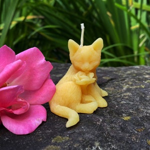 Cat & Rose Beeswax Candle / 100% All Natural Bees Wax Candles / Kitty / Kitten / Animal Collection / USA Handmade / Unique Gift / Flower NEW
