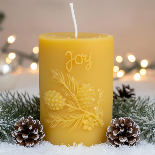 JOY Pinecone Beeswax Candle / Rustic Holiday Pillar / 100% Pure Natural Beeswax / Cotton Wick / Winter Decor / Large Festive Gift / Cozy NEW