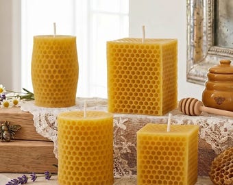 Beeswax Honeycomb Candle Set, Handmade Natural Yellow Pillar Collection, Pure Bee Wax Table Decor Gift for Rustic Homes and Wedding Displays