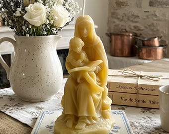 Saint Anne Teaching Virgin Mary Beeswax Candle Religious Catholic Devotional Sculpture Handmade in Pennsylvania Natural Cotton Wick Gift
