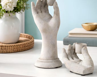 Romanesque Cement Hand Taper Candle Holder Tall or Small Sculptural Statue Decor Holds Standard Taper Candles Felt Base Pads Mantel Gift