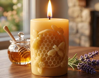 Golden Hivelet Beeswax Pillar Candle Honey Bee Hive Inspired Handmade in Pennsylvania Natural Cotton Wick Rustic Home Decor Gift Idea Accent