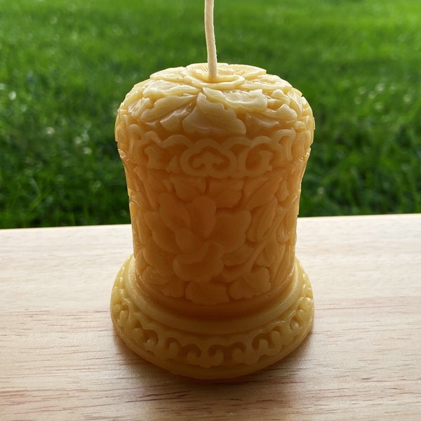 Victorian Bell Beeswax Pillar Candle 100% All Natural Bees Wax / Intricate Designer 19th Century Floral Style Flower Vintage Styled Pillars