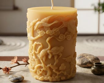 Wind Crane Beeswax Pillar Candle Heron Bird Design East Asian Japanese Chinese Art Decor Handmade Natural Gift Honeycomb Sculpture Longevity
