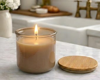 Beeswax Candle Poured in USA in 10 oz Fossil Colored Recycled Spanish Glass Jar with Bamboo Lid Clean Burning Non Toxic Sustainable Luxury
