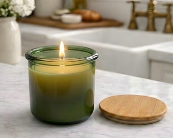 Beeswax Candle Poured in USA in 10 oz Moss Colored Recycled Spanish Glass Jar with Bamboo Lid Clean Burning Non Toxic Sustainable Luxury