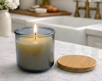 Beeswax Candle Poured in USA in 10 oz Slate Colored Recycled Spanish Glass Jar with Bamboo Lid Clean Burning Non Toxic Sustainable Luxury