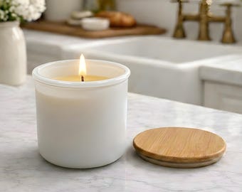 Beeswax Candle Poured in USA in 10 oz White Colored Recycled Spanish Glass Jar with Bamboo Lid Clean Burning Non Toxic Sustainable Luxury