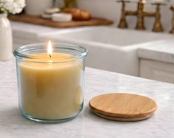 Beeswax Candle Poured in USA in 10 oz Clear  Recycled Spanish Glass Jar with Bamboo Lid Clean Burning Non Toxic Sustainable Luxury Home