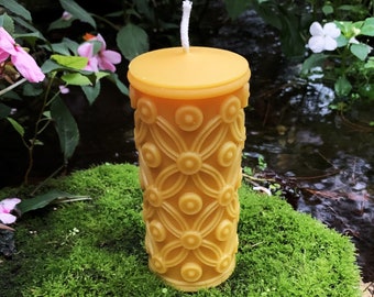 Elegant Pillar / Beeswax Candle / Flower Design / 100% Natural Bees Wax / Long Burning / Classy Tall Pillar / Handmade in the USA / Yellow