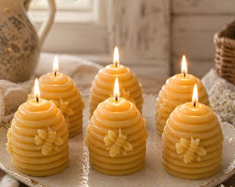 Beehive Skep Candle Pure Beeswax Votives Handmade USA Natural Honey Scent Hive Shape Wedding Gift Decor Clean Burn Long Lasting Warm Glow