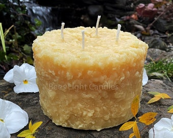 Grubby 6x5" LARGE Pillar Beeswax Candle / 100% All Natural Bees Wax 6 Inch Wide 5 Inch High / Massive 4 Wick Pillars Rustic Country Candles