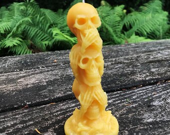 Skull Totem Pole Candle / Beeswax Candles / 100% All Natural Beeswax / See No Evil Hear No Evil Speak No Evil / Human Skull / Halloween Fall