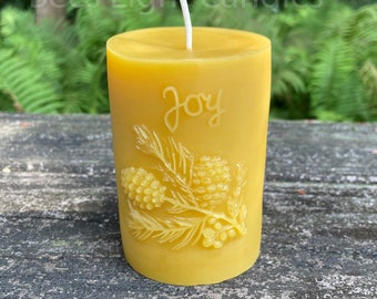 Joy Beeswax Pillar Candle / Pine Cone Designer Candles / 100% All Natural Bees Wax / Cotton Wick / Winter Pillars / Large Fall / Festive NEW