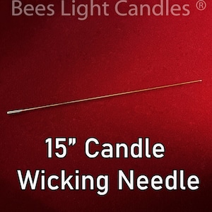 May include: A 15-inch long, gold-coloured candle wicking needle on a red surface. The text "Bees Light Candles®" is at the top of the image and "15" Candle Wicking Needle" is at the bottom.
