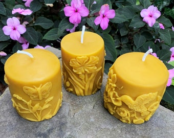 100% Beeswax Pillar Candle Set / Pure Bees Wax Candles / Butterfly / Hummingbird / Flower / Spring / Gift for Mom / Natural Pure Honey Aroma