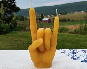 Rock On Beeswax Candle / Concert Hand Gesture / Rock Band / Music / All Natural Bees Wax Candles / 2 Fingers / Musical Guitar / Drums / Bass