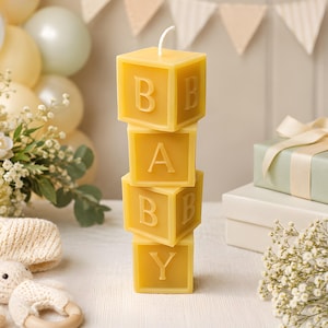 Large Baby Beeswax Pillar Candle Keepsake Blocks, Handcrafted Alphabet Letter Stack Centerpiece for Shower Nursery Decor