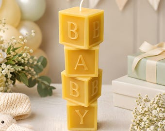 Large Baby Beeswax Pillar Candle Keepsake Blocks, Handcrafted Alphabet Letter Stack Centerpiece for Shower Nursery Decor
