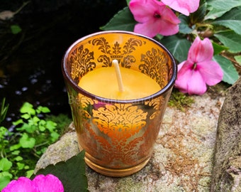 Glass Votive Candle Holder / With or Without Beeswax Candles / USA Candle /  Container / Yellow Bees Wax Candle Designer Style Gift / Event