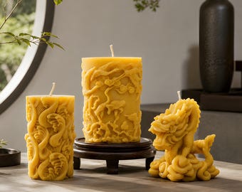 Ornamental Beeswax Candle Collection Dragon Crane+Wind Wave Pillars Japanese/Chinese-Inspired Oceanic Sculpture Handcrafted Decorative Gift