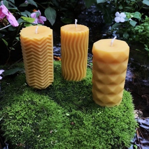 Beeswax Modern Pillar Candles / Unique Design / Long Burning and Bright / Bees Wax / Geometric Shapes / Waves / Ripples / Candle Set / Tall
