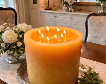 Bonfire Beeswax Candle Eight-Wick Luxury Statement Pillar 9″ Tall 8″ Wide Heirloom Centerpiece Architectural Eight Inch by Nine Inch High