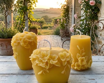 Vine Blossom Beeswax Candle Set Floral Pillar Candles Handmade Yellow Wax Spring Summer Decor Gift Botanical Table Centerpiece Accent Style