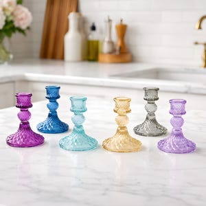 Coloured Glass Taper Candle Holder, Crystal-look Candlestick Stand, Six Colors, Dining Table Gift