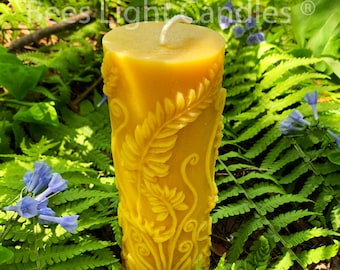 Beeswax Pillar Fern Candle / 100% Natural Bees Wax / Handcrafted in USA / Honey Aroma / Unscented Natural / Allergy Friendly / Long Burning