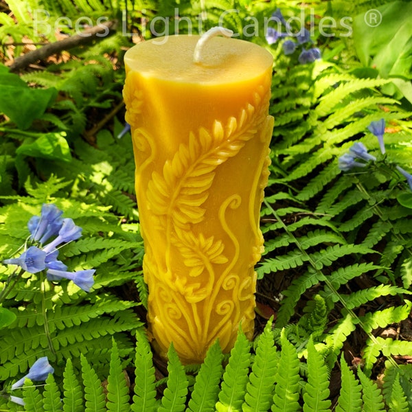 Beeswax Pillar Fern Candle / 100% Natural Bees Wax / Handcrafted in USA / Honey Aroma / Unscented Natural / Allergy Friendly / Long Burning