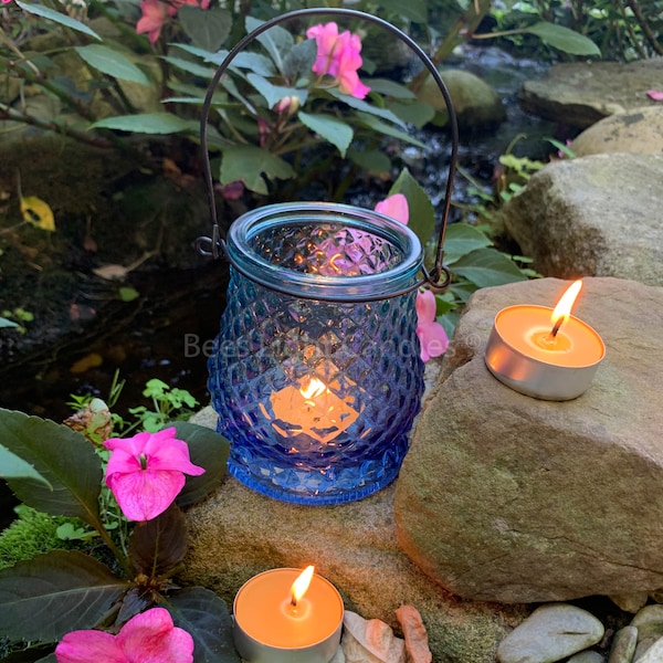 Glass Lantern Candle Holder / Beeswax Tealight Candles with Aluminum Cups Available / Hanging Lamp / Light / Porch / Patio / Assorted Colors