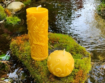 Beeswax Fern Candle Set Sphere & Pillar / 100% Natural Bees Wax / Handcrafted in USA / Honey Aroma / Unscented Natural / Long Burning / Ball