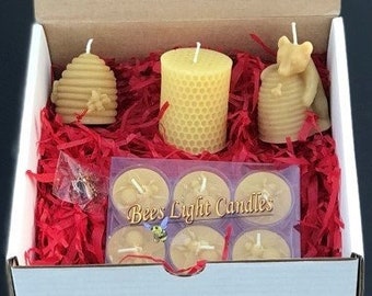 SAVE THE BEES Beeswax Candle Gift Box Set / 100% All Natural Bees Wax Candles Honeycomb Design / Bear Hugging Beehive / Bee Hive / HoneyBee