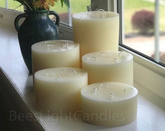 BEESWAX PILLAR Candle 6 Inch Wide / Giant White Bees Wax 4 Wick Candle Set / 100% All Natural Pure Clean Allergy Friendly USA / Large / Big