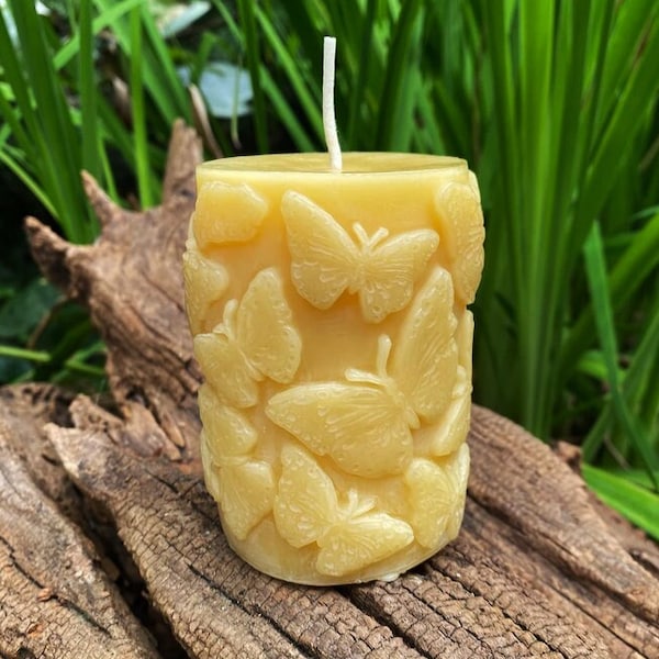 Butterflies Beeswax Pillar Candle / Pure Bees Wax Pillar Candles / Insects / Moth / Bees Wax / Pure Clean Burn / Unique USA Handmade Gift