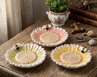 Assorted Flower and Bee Candle Wine Base Round 5″ Decorative Home Candle Décor Floral Sunflower Design Natural Accent Gift for Living Room