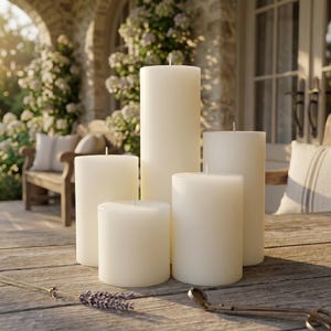 Puede incluir: Cinco velas de pilar de color marfil de diferentes alturas est&aacute;n dispuestas sobre una mesa de madera envejecida. Las velas cil&iacute;ndricas no est&aacute;n encendidas. Una ramita de lavanda y un apagavelas est&aacute;n en primer plano, creando un ambiente relajante.