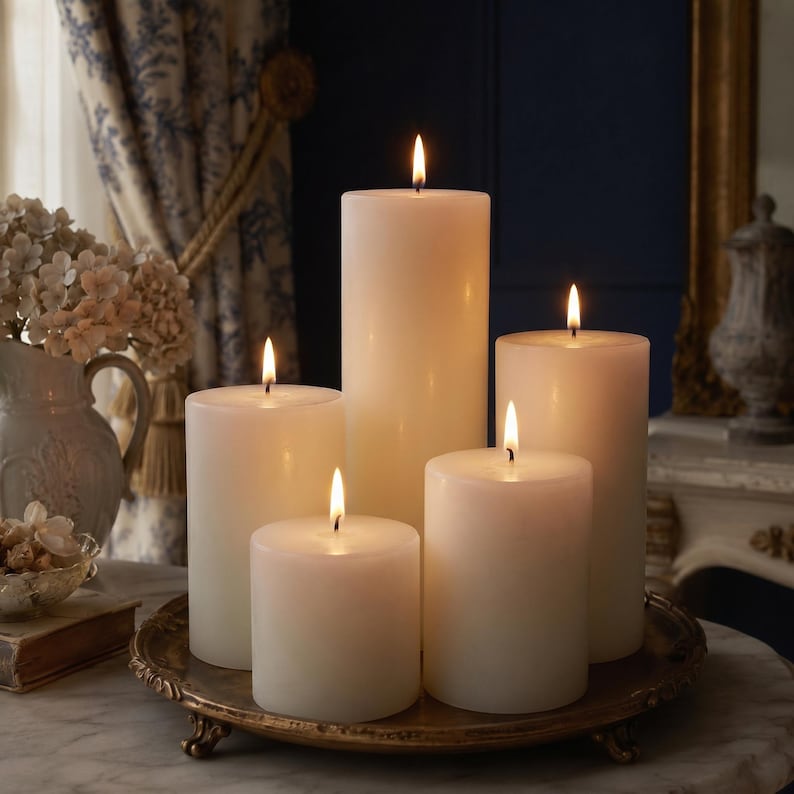 Puede incluir: Cinco velas de pilar de color marfil de diferentes alturas est&aacute;n encendidas, creando un brillo c&aacute;lido. Las velas est&aacute;n dispuestas sobre una bandeja de metal ornamentada. Escena decorativa y acogedora.