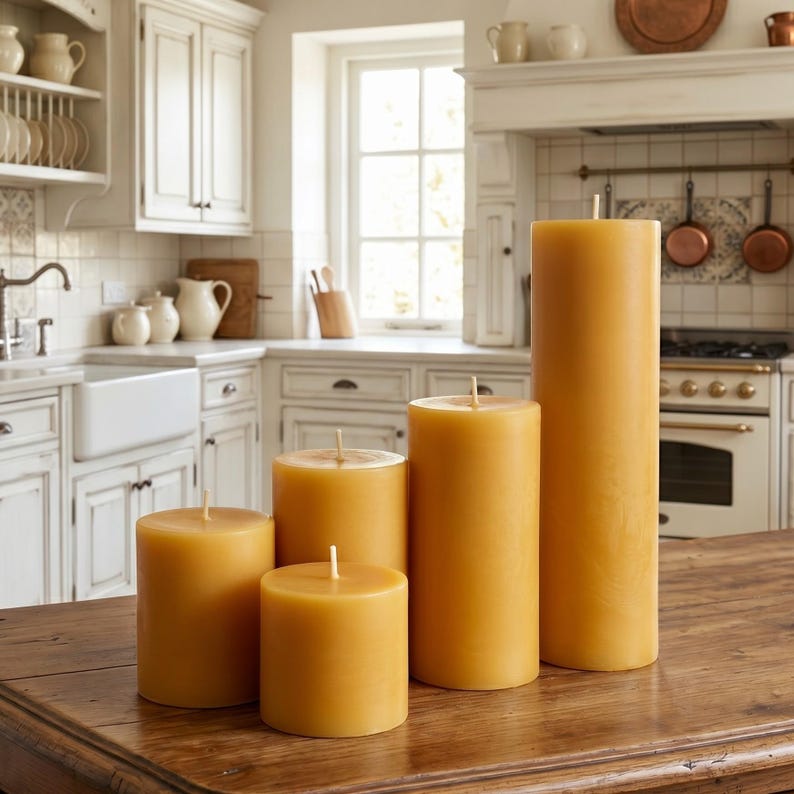 May include: Five yellow pillar candles of varying heights are arranged on a wooden table. The candles have a smooth, cylindrical shape and are unlit, with wicks visible at the top. The background shows a kitchen with white cabinets and a window.