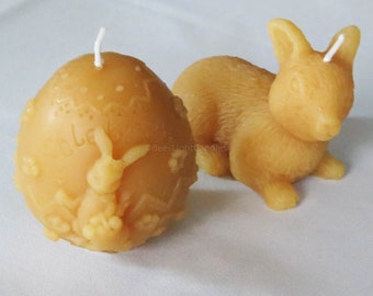 Pair of 100% Beeswax Candles / Bunny Rabbit & Celebration Egg / Handcrafted in the USA / Easter / Mothers Day / Gift Ideas / Spring / Summer