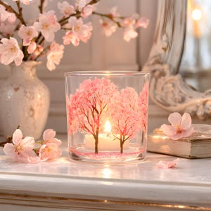 Cherry Blossom Tree Votive 3 inch Glass Candle Holder / Votive Holders / With or Without Beeswax Candles / Container Beautiful Glass / Japan
