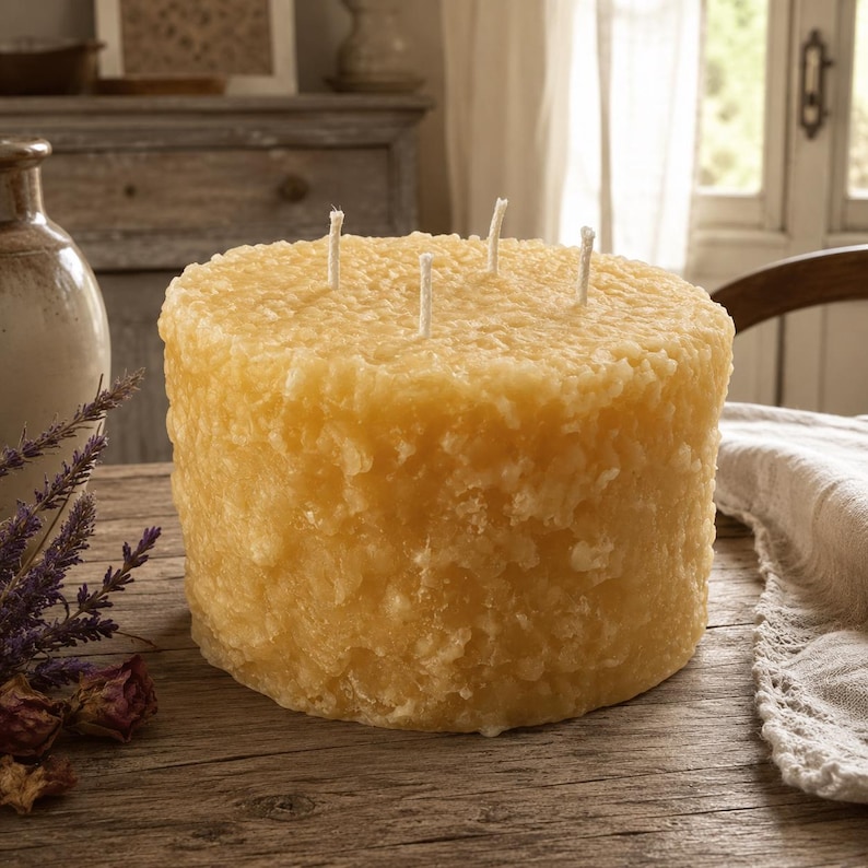 May include: A large, cylindrical, golden-yellow candle with a textured, rough surface. The candle features four white cotton wicks positioned on the flat top. The wax has a granular, crystalline appearance throughout its exterior surface.